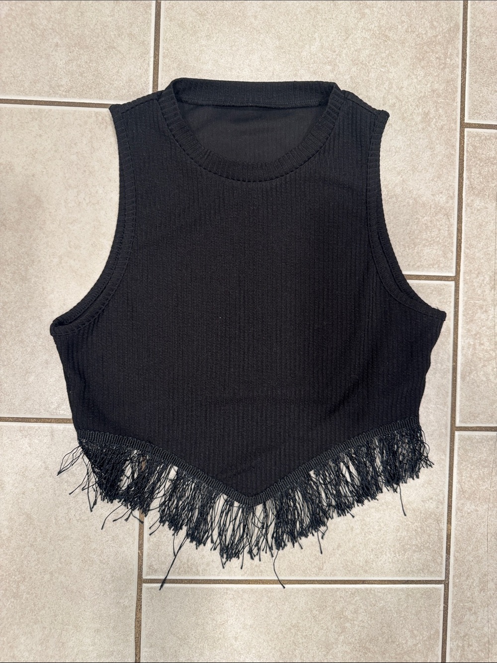 Black Fringe Hem Sleeveless Crop Top